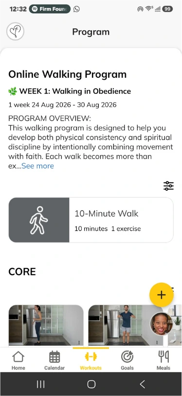 Actual Christian Wellness Living app showing the Online Walking Program, Week 1 Walking in Obedience and a 10-minute walk